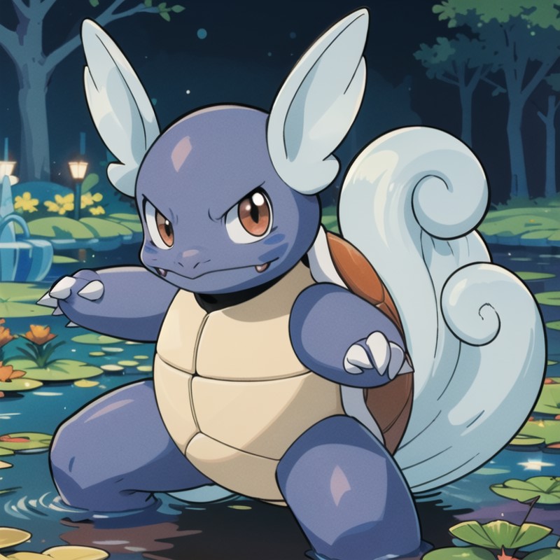 centered, award winning photo, (looking at viewer:1.2), |  Wartortle_Pokemon, |pond, lily pads,  | bokeh, depth of field, ...